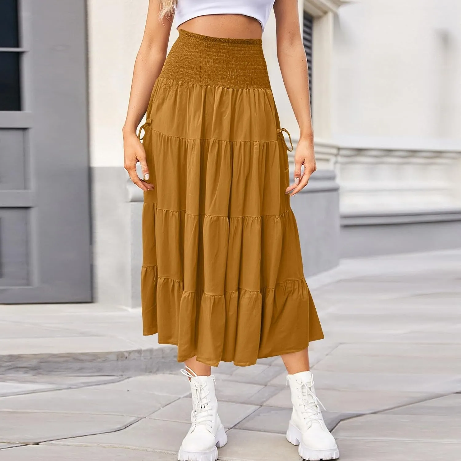 Yesunpxs Womens Tiered Maxi Skirt with Pockets Flowy Boho Elastic High Waisted Skirt Summer Beach Vacation Smocked Tube Dress