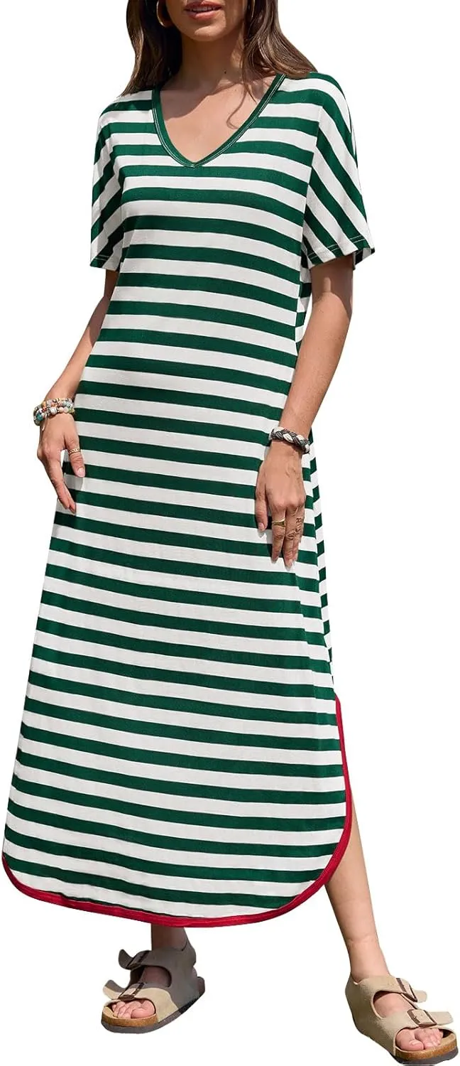 Yousify Dresses for Women 2025 Casual Summer Short Sleeve V Neck Striped Split Hem Maxi Long Dress with Pockets