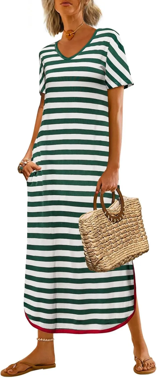 Yousify Dresses for Women 2025 Casual Summer Short Sleeve V Neck Striped Split Hem Maxi Long Dress with Pockets