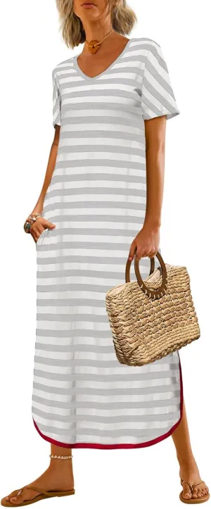Yousify Dresses for Women 2025 Casual Summer Short Sleeve V Neck Striped Split Hem Maxi Long Dress with Pockets