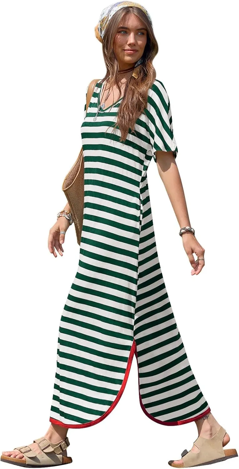 Yousify Dresses for Women 2025 Casual Summer Short Sleeve V Neck Striped Split Hem Maxi Long Dress with Pockets