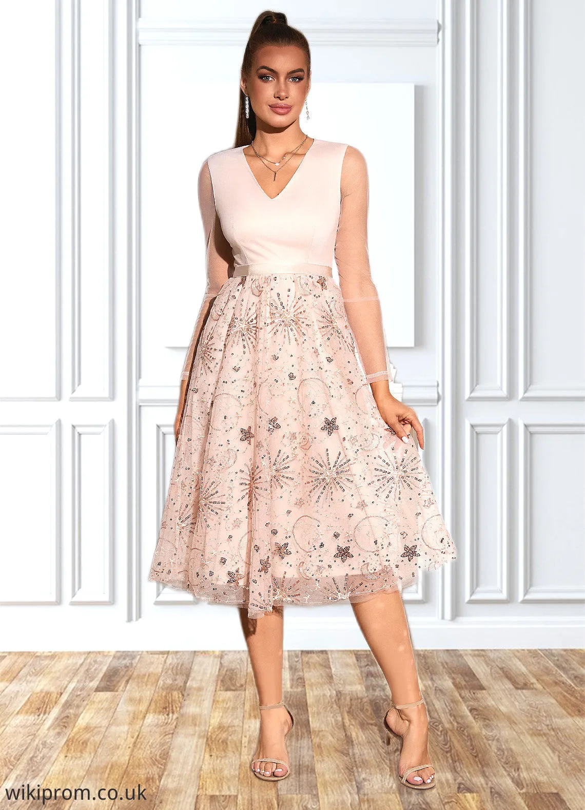 Zara Sequins V-Neck Elegant A-line Tulle Midi Dresses SWKP0022314