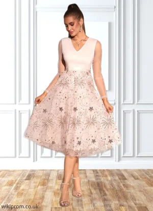 Zara Sequins V-Neck Elegant A-line Tulle Midi Dresses SWKP0022314