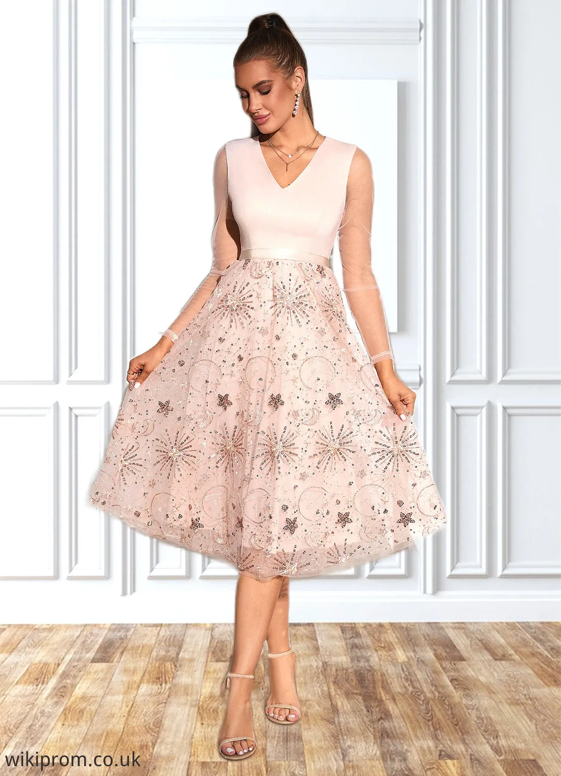 Zara Sequins V-Neck Elegant A-line Tulle Midi Dresses SWKP0022314