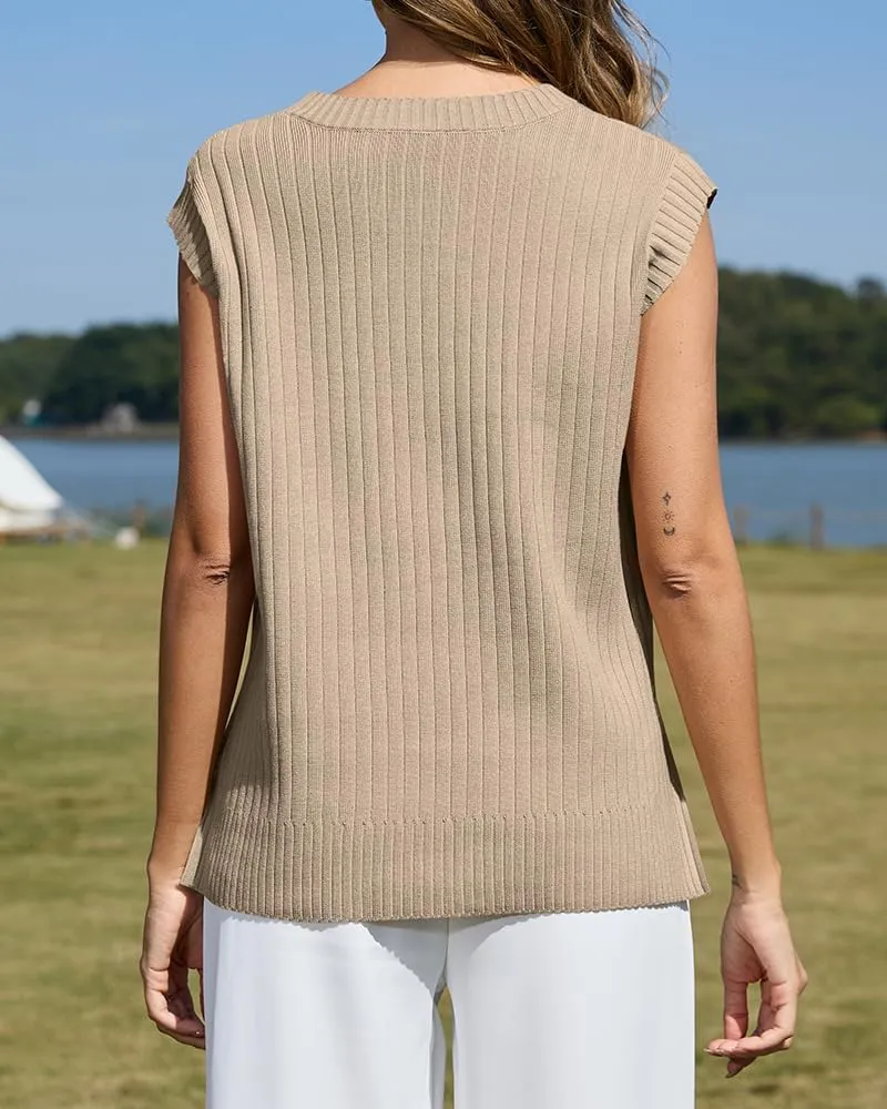 ZDC Women's Cap Sleeve Sweater Vest 2025 Trendy Crew Neck Summer Tops Casual Pullover Tank Shirts