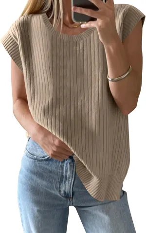 ZDC Women's Cap Sleeve Sweater Vest 2025 Trendy Crew Neck Summer Tops Casual Pullover Tank Shirts