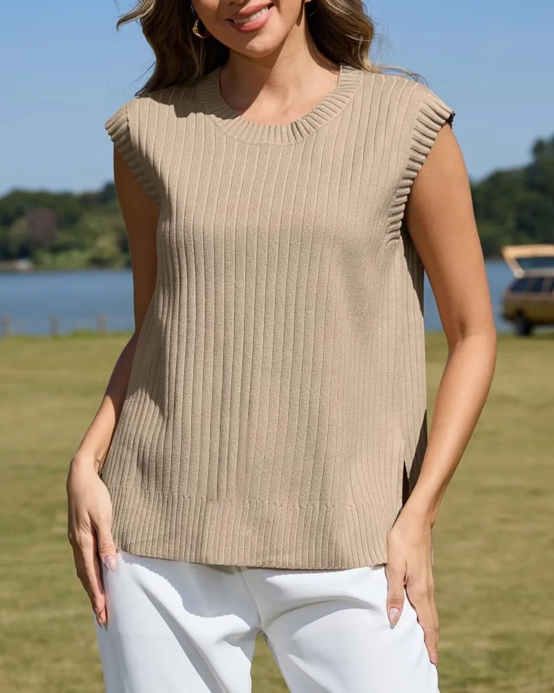 ZDC Women's Cap Sleeve Sweater Vest 2025 Trendy Crew Neck Summer Tops Casual Pullover Tank Shirts