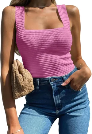 ZDC Womens Ribbed Tank Tops 2025 Summer Square Neck Sleeveless Tops Casual Slim Knit Shirts Tees