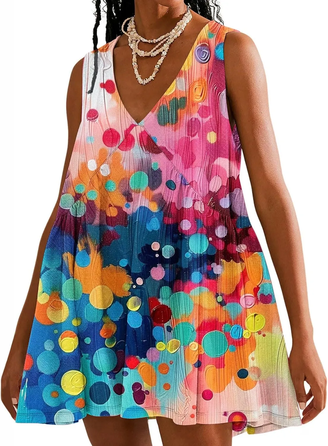 ZDRZK Flowy Dresses for Women Summer Stripes Casual Sleeveless Mini Dress 2024 Babydoll Swing Pleated Beach Sundresses