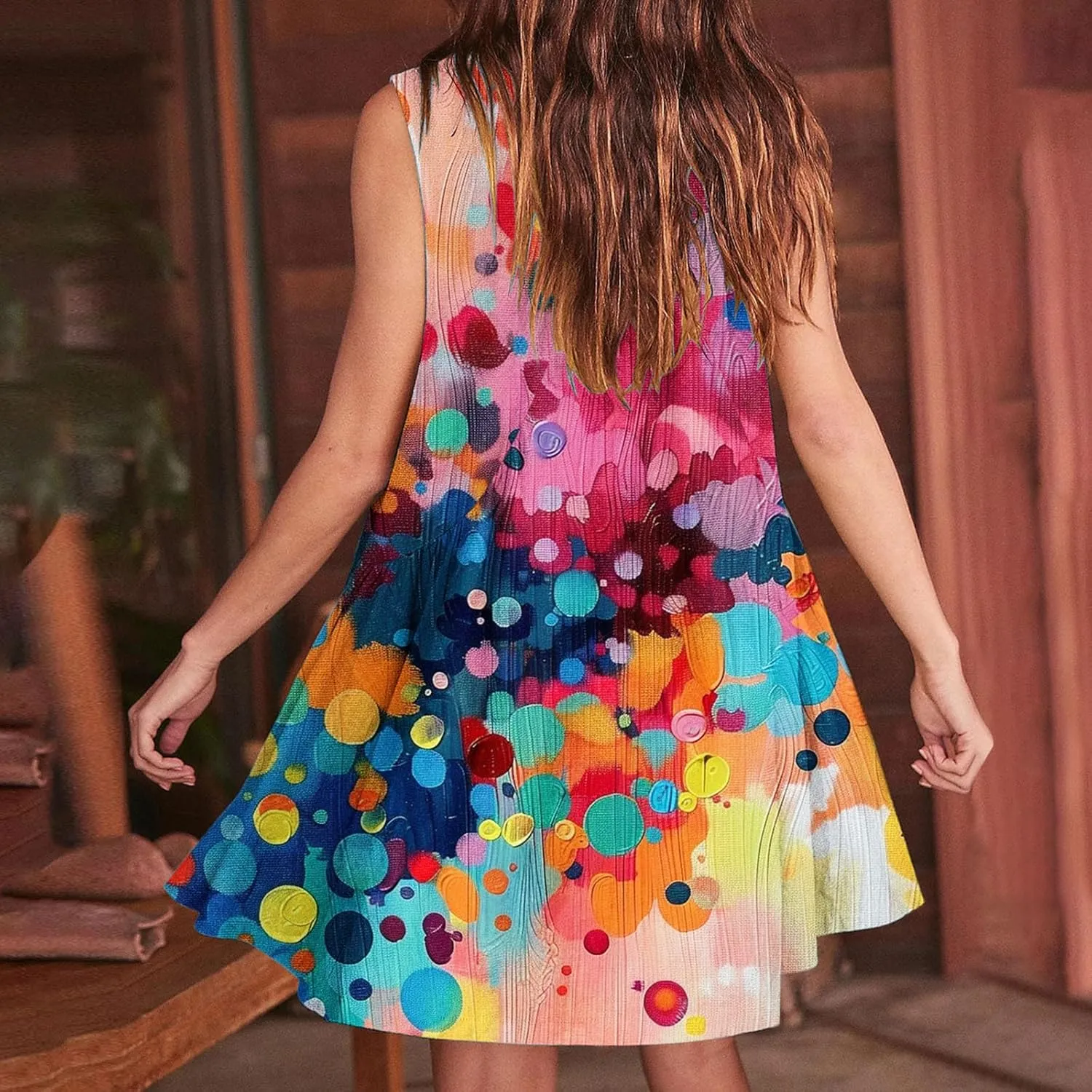 ZDRZK Flowy Dresses for Women Summer Stripes Casual Sleeveless Mini Dress 2024 Babydoll Swing Pleated Beach Sundresses