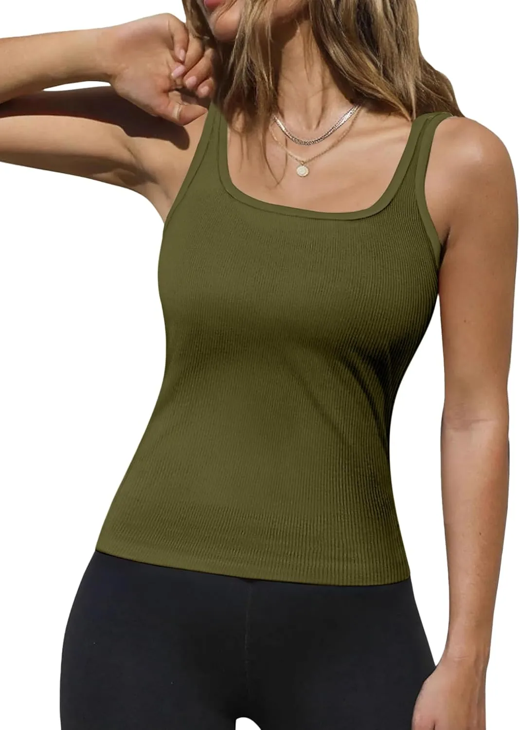 Zeagoo Womens Ribbed Tank Tops Square Neck Summer Tops Slim Fitted Spaghetti Strap Camisole Basic Sleeveless Layering Shirts