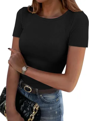 Zeagoo Women's Short Sleeve Tops Casual Crewneck Ribbed Knit Slim Fitted Basic Tee Stretchy Shirts 2025 Summer Trendy Outfits