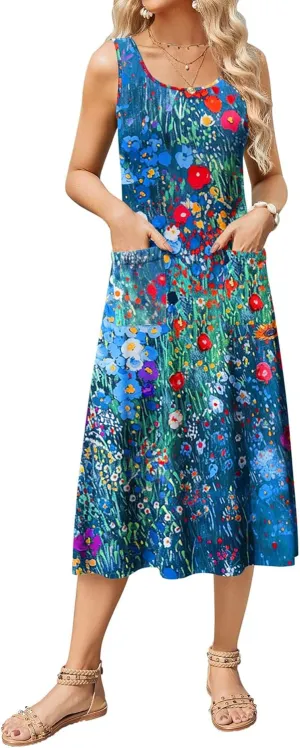 Zeagoo Women's Summer Sleeveless Dress Floral Beach Sundress Casual Crewneck High Waist A-Line Midi Tank Dresses with Pockets