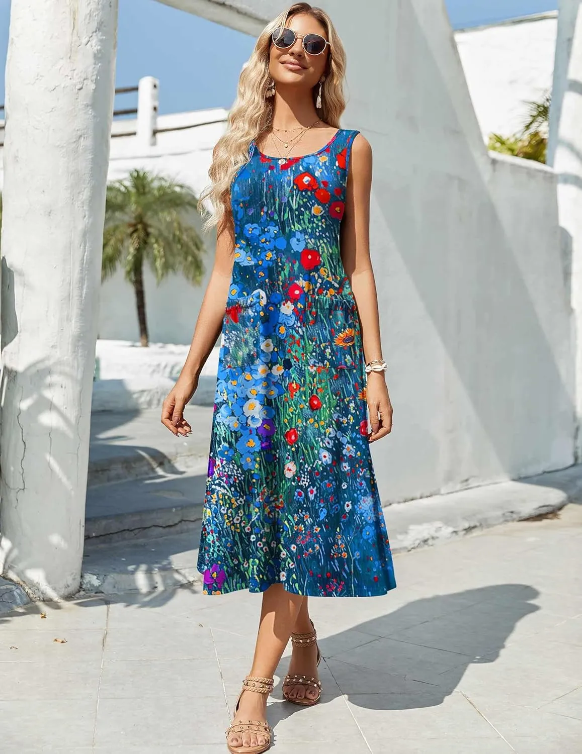 Zeagoo Women's Summer Sleeveless Dress Floral Beach Sundress Casual Crewneck High Waist A-Line Midi Tank Dresses with Pockets