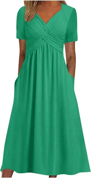 ZOCAVIA Casual Summer Dresses for Women Plus Size Short Sleeve Cross V Neck Smocked Floral Print Maxi Dress with Pockets
