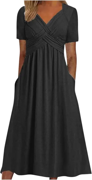 ZOCAVIA Casual Summer Dresses for Women Plus Size Short Sleeve Cross V Neck Smocked Floral Print Maxi Dress with Pockets