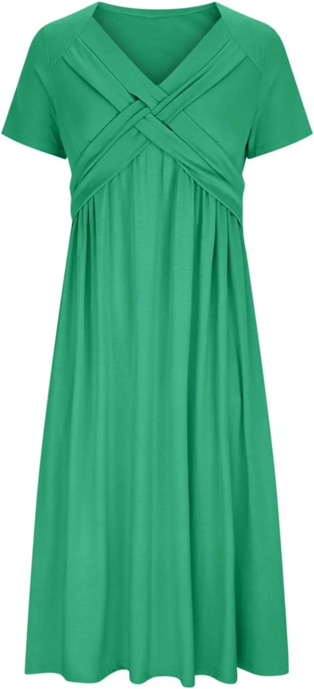 ZOCAVIA Casual Summer Dresses for Women Plus Size Short Sleeve Cross V Neck Smocked Floral Print Maxi Dress with Pockets