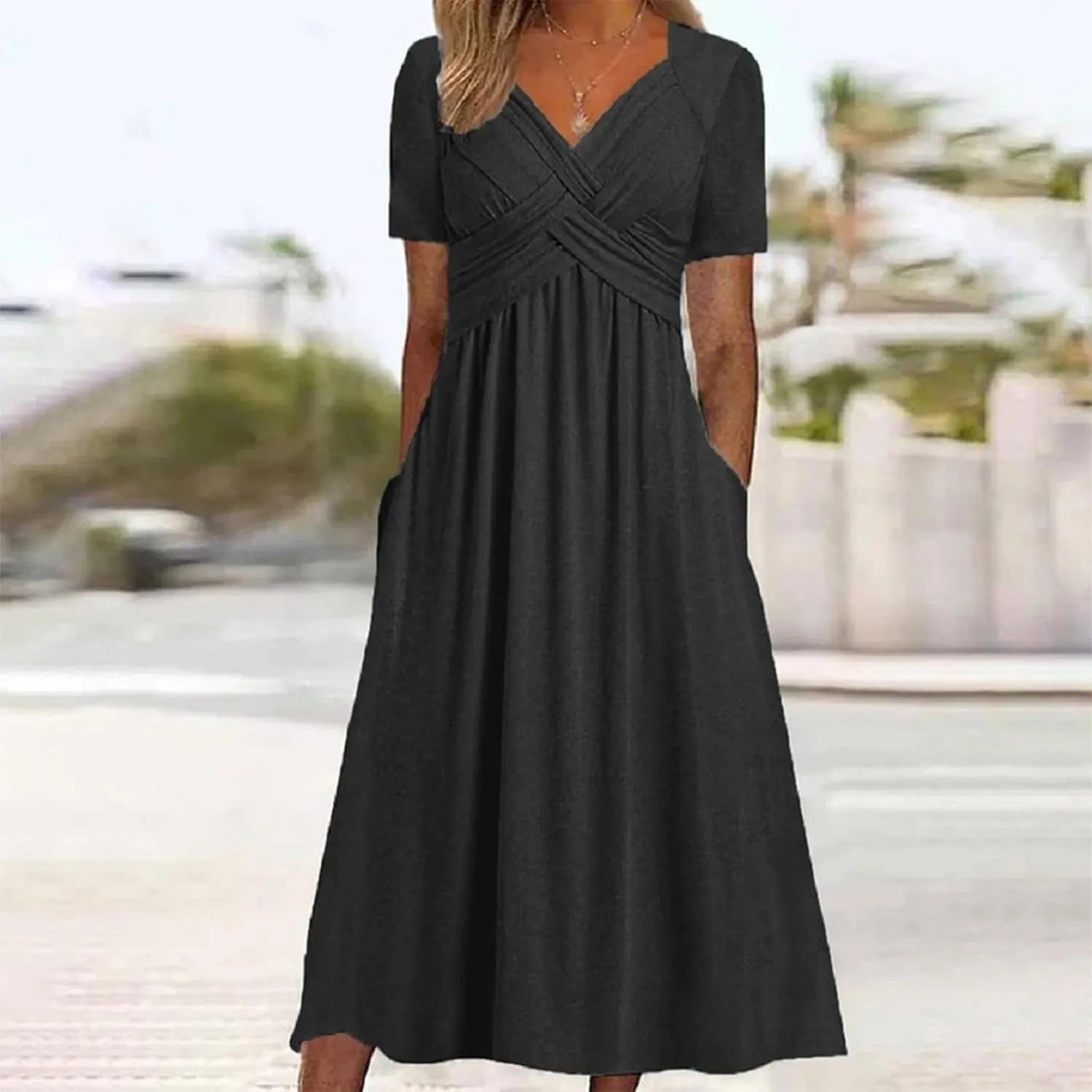 ZOCAVIA Casual Summer Dresses for Women Plus Size Short Sleeve Cross V Neck Smocked Floral Print Maxi Dress with Pockets