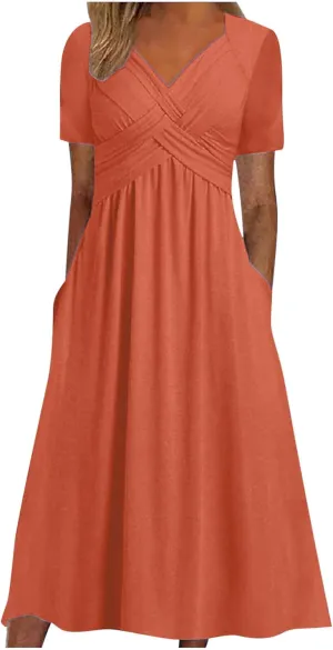 ZOCAVIA Casual Summer Dresses for Women Plus Size Short Sleeve Cross V Neck Smocked Floral Print Maxi Dress with Pockets