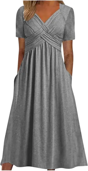 ZOCAVIA Casual Summer Dresses for Women Plus Size Short Sleeve Cross V Neck Smocked Floral Print Maxi Dress with Pockets
